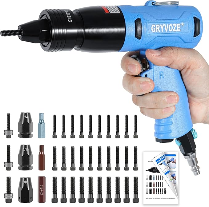 Pneumatic Rivet Nut Gun Kit with 11PCS 1/4 & 5/16 & 3/8 Mandrels, Industrial Grade Air Rivnut Tool Set with Self-Locking Head Gun, Air Riveter Nut Gun for Threaded Nutsert Insert Installation