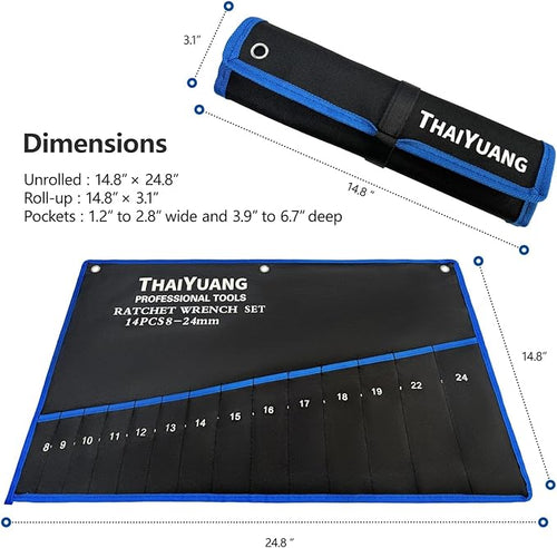 14-Pockets Tool pouch, Heavy Duty Canvas Wrench Roll Up Bag, Multi-Purpose Tool Pouch For Metric, SAE (Not Including Wrench)