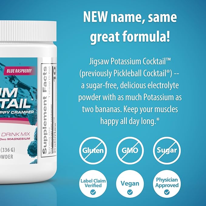 Jigsaw Health Potassium Cocktail | Formerly Pickleball Cocktail | Blue Raspberry Flavor | 60 Servings (Jar)