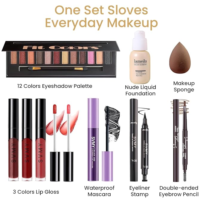 Makeup Gift Set for Teens Girls, Travel Makeup Kit for women, Makeup Full Kit for Beginners & Professionals, Cosmetic Bag Include Matte & Glitter Eyeshadow Palette, Long Lasting Lip Gloss-VeraVaultWomen