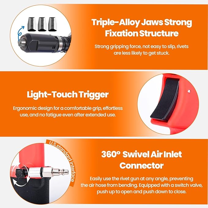 Pneumatic Rivet Gun Air Pop Riveter Tool Kit with 3/32", 1/8", 5/32", 3/16" Rivet Nozzles, Self-Suction Pneumatic Riveting Gun, Upgraded Air Riveter Hydraulic Pop Riveting Rivets Tool