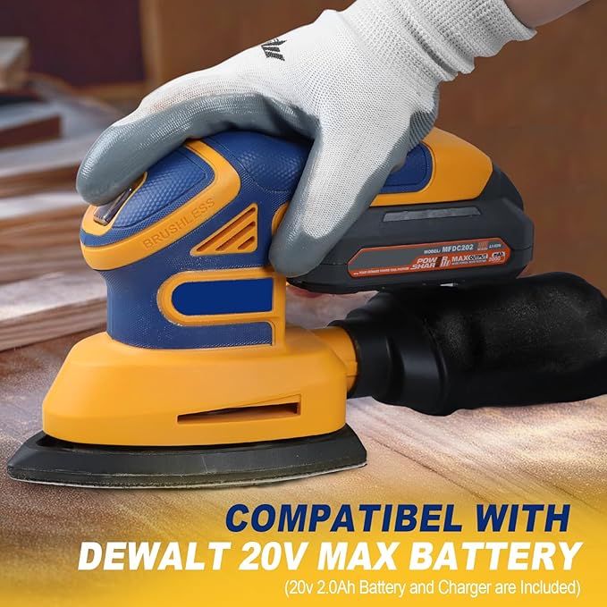 Cordless Detail Sander Compatible with Dewalt 20v Max Battery, 1.9Amp, Dust Collector, Brushless 12,000 OPM Speed, Compact Soft Palm Grip, 10pcs Sanding Pads, 2.0Ah Charger & Battery Kit
