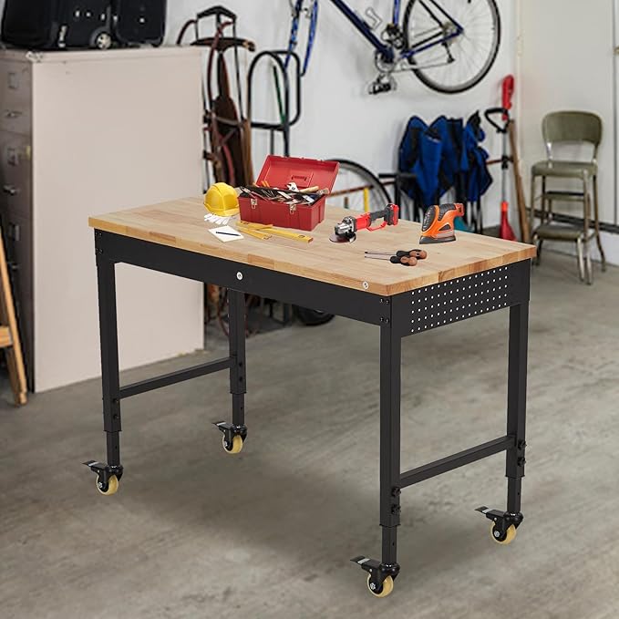 Work Bench 48" Adjustable Height, Heavy-Duty Portable Workbench with Power Outlets for Garage & Workshop, 2000 LBS Load Capacity, Work Table for Office, Home, Easy Assembly