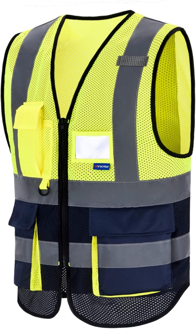 A-SAFETY High Visibility Mesh Safety Reflective Vest with Pockets and Zipper,Hi Vis Viz Reflective Safety Vest(Yellow&Navy Mesh XL)
