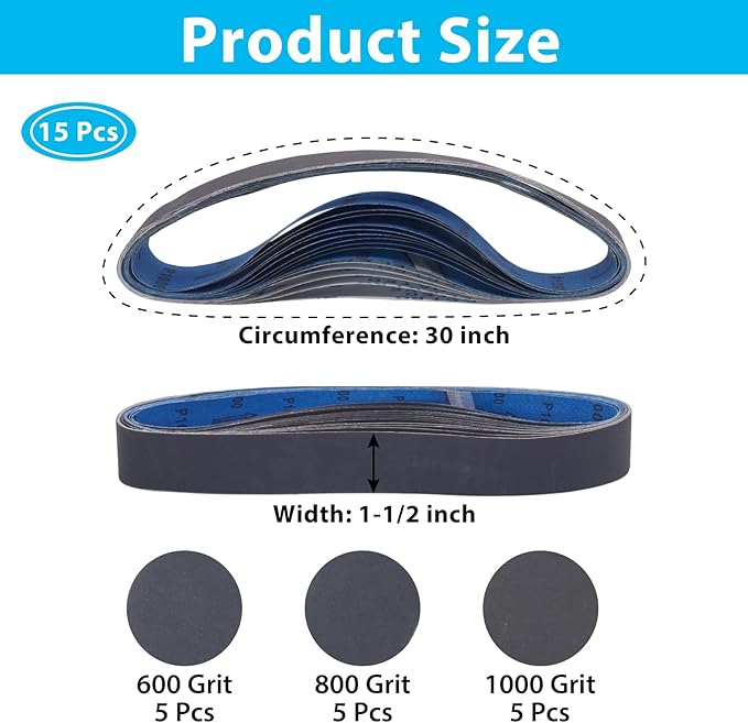 15 Pack 1-1/2 x 30 Inch Sanding Belts, Extra Fine Grit Silicon Carbide Sanding Belt, 5 Pcs Each of 600, 800, 1000 Grits Sander Belt for Knife Sharpening Woodworking