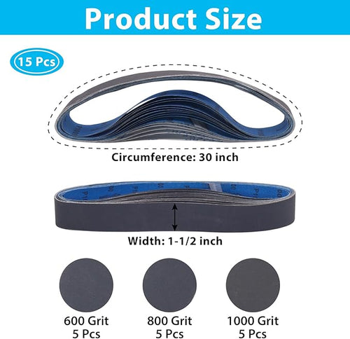 15 Pack 1-1/2 x 30 Inch Sanding Belts, Extra Fine Grit Silicon Carbide Sanding Belt, 5 Pcs Each of 600, 800, 1000 Grits Sander Belt for Knife Sharpening Woodworking