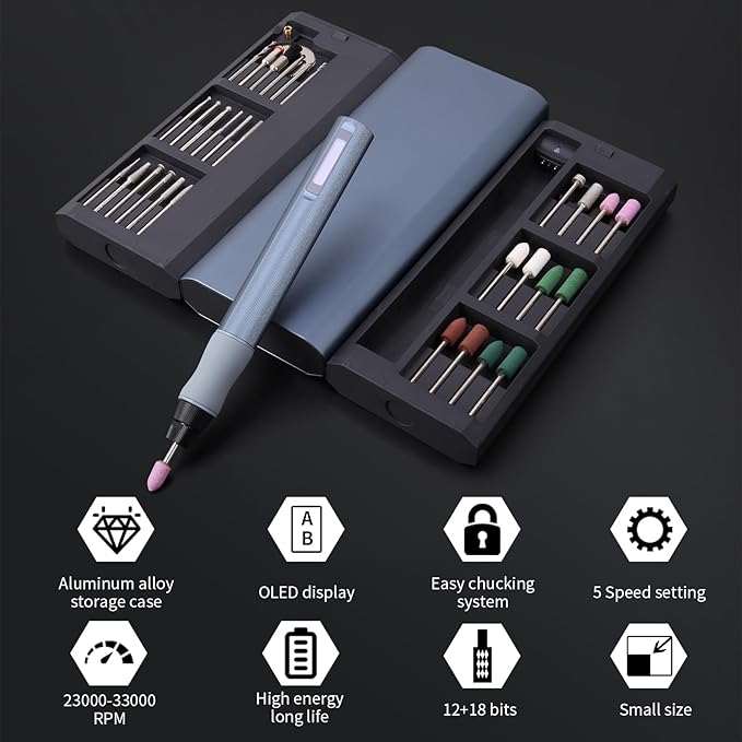 Electric Cordless Rotary Tool, Engraving Pen with 30 Engraving Bits, 5 Speed Level Adjustable, OLED Screen Display Speed and Power, Big Power No Core Motor