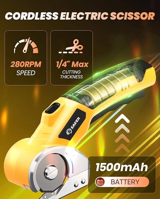 Saker Cordless Electric Scissors,Cardboard Box Cutter,4V Rechargeable Rotary Cutter with Safety Lock & LED Light,Cardboard Cutter for Cutting of Fabric, Leather, Carpet, Plastic, and More