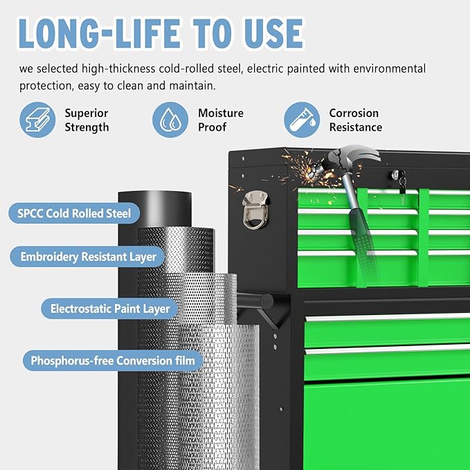 8 Drawer High Capacity Rolling Tool Chest, Metal Tool Box with Wheels and Drawers, Detachable Toolbox with Lock, Heavy Duty Tool Cabinet for Workshop, Warehouse and Garage (Black Green)