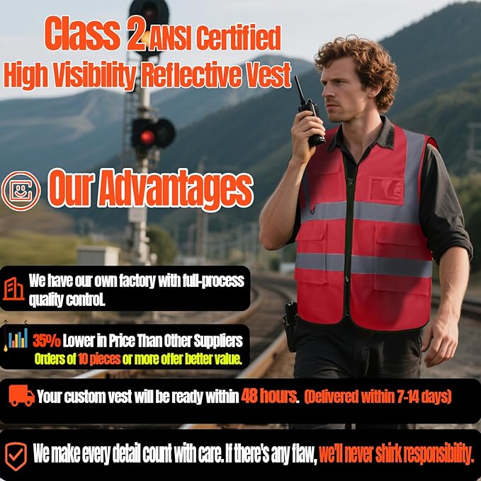 BeautyWill Custom Safety Vest Customized Logo Class 2 High Visibility Reflective Vest with Pockets Construction workwear