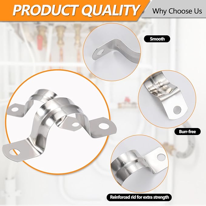 M12 Pipe Clamps, 1/2 Inch 304 Stainless Steel Conduit Clamps, 2 Hole Strap U Bracket Rigid Pipe Strap Metal U Clamp Conduit Strap Tension Clips U-tube Pipe Clamps（12mm）