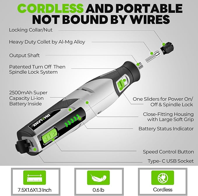 PHALANX Rotary Tool - 4V Cordless Rotary Tool Kit Accessories 80 PCS 2500mAh Li-Ion Battery, Preset 5 Speed Adjustment Grinder Tool for Cutting Sanding Carving Polishing Engraver DIY Crafts