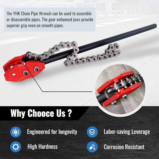 YHK Chain Pipe Wrench, 36” Heavy Duty Chain Tongs with 29.4" Chain Length, Heavy-Duty Chain Wrench for Pipe Installation, Repair, and Maintenance, Fit for 3/4"-4" Pipe Diameters