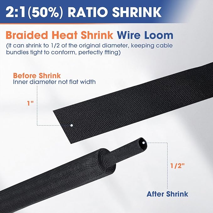 2:1 Heat shrinkable Braided Sleeving Fabric Wire Loom High Temp Heat Shrink Wiring Harness Abrasion Protector Cable Sleeve(1"-15ft)