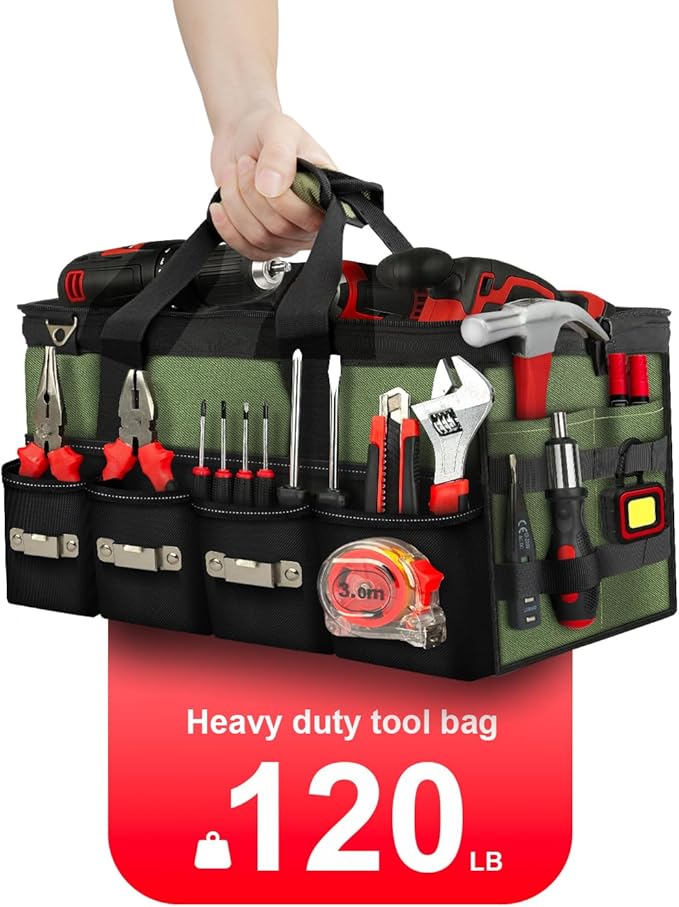 15 Inch Heavy Duty Tool Bag-48 Pockets,1680D Tear&Abrasion Resistant,Includes Tool Pouch,Tool Belt,Magnetic Wristband&Adjustable Shoulder Strap | Tool Organizer(Green)