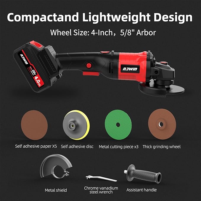 NAWIN 4 inch Cordless Angle Grinder Kit, Variable Speed Grinder, 2×4.0Ah Li-Ion Battery&Fast Charger,9000RPM Brushless Motor, battery angle grinder tool,angle grinder cordless