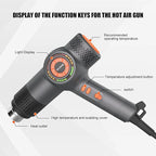 Heat Gun Fast Heating 1800W 122℉-1202℉ LED 3-color light to display temperature Shrink wrap heat gun with 4 Nozzles for Soften,Car film,Drying