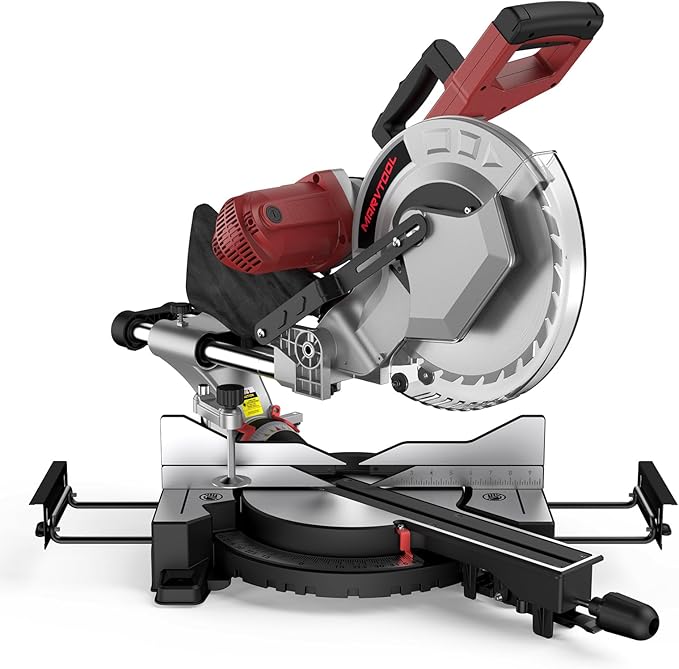 12-Inch Dual-Bevel Sliding Compound Miter Saw, 3800RPM, 15 Amp, Single Bevel 0-45° with Extension Table, 36T Blade, Power Saw for Metal, Plastic, Wood, Laminates