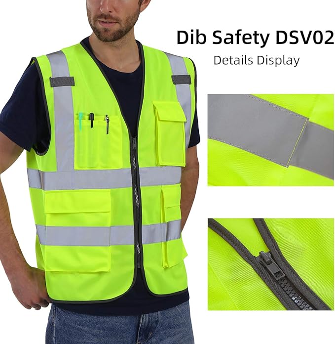 Dib Safety Vest Reflective ANSI Class 2, High Visibility Vest with Pockets and Zipper, Construction Work Vest Hi Vis Yellow L
