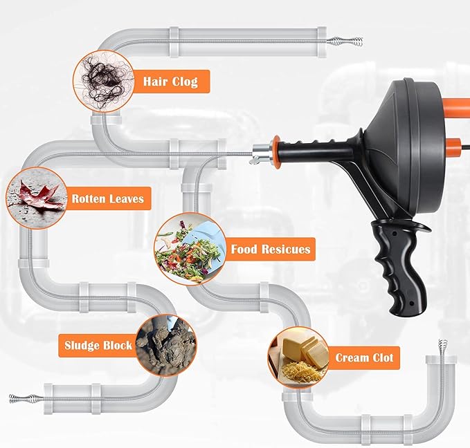 BACOENG 25Ft Drain Auger, Heavy Duty Plumbing Snake with Drill Adapter, Use Manually or Powered for Drain Clog, Shower Sink, Comes with Gloves and Bag (Orange)