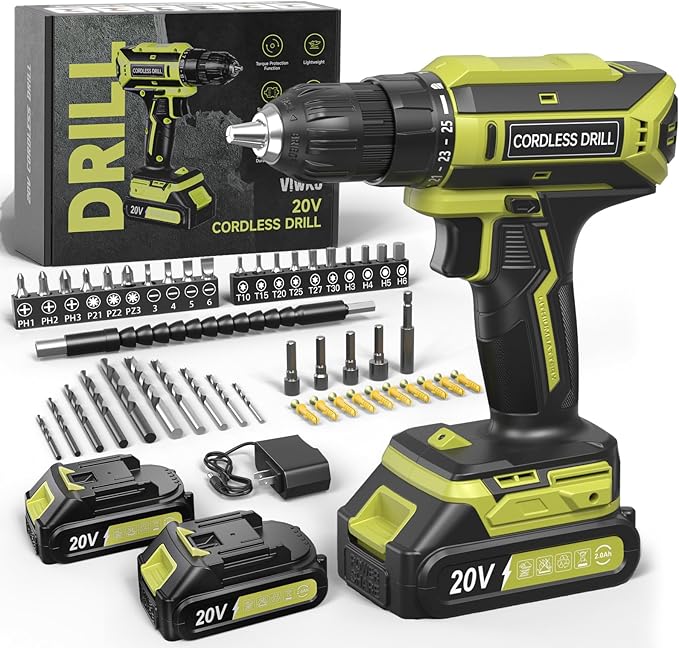 Cordless Drill, 20V MAX Power Drill Set with Dual Power Pack & Charger, 3/8 Inch Keyless Chuck, Variable Speed, 25+1 Position and 56PCS Bits/Screws, Power Tools for Home Projects
