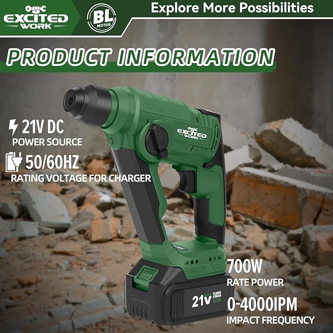 21V Max Cordless 2.0J Rotary Hammer Drill Kit with 3.0 Ah Battery, Brushless Motor and 2 Functions for Concrete, Fast Charger, 4000IPM, 3 Drills for Masonry, Metal and Wood