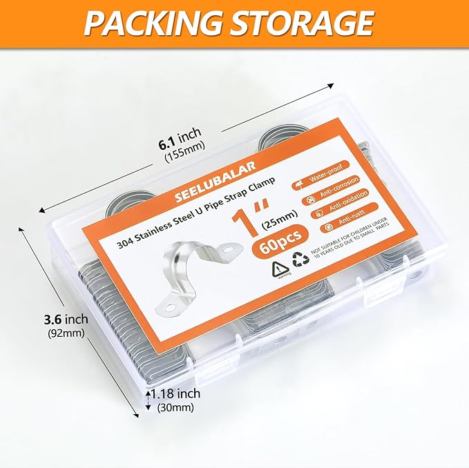 60PCS M25 Stainless Pipe Strap, 1 Inch Stainless Steel Conduit Clamps, 2 Hole Strap U Bracket Rigid Pipe Strap Metal U Clamp Conduit Strap Tension Clips U-tube Pipe Clamps（25mm）