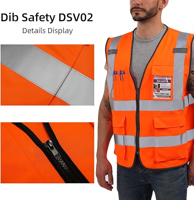 Dib Safety Vest Reflective ANSI Class 2, High Visibility Vest with Pockets and Zipper, Construction Work Vest Hi Vis Orange L