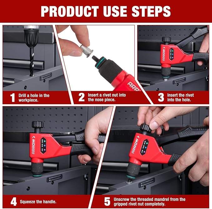 Arrow Rivet Nut Tool, 8" Rivet Nut Gun Kit Designed for Tight Space, Rivet Nut Setter with 3 Pcs Mandrels (8-32, 10-24, 1/4-20), 75 Pcs Rivnuts and 3 Pcs Drills, Sturdy Case Packed