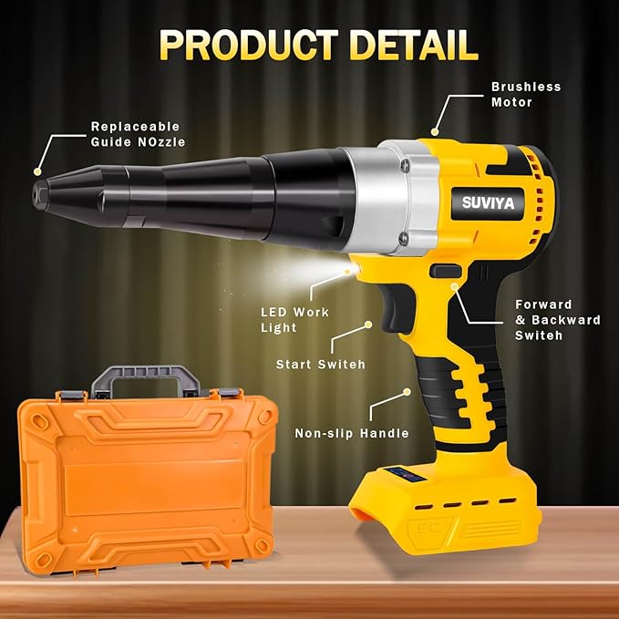 SUVIYA Cordless Rivet Gun Compatible with Dewalt 20V Max Battery(No Battery), Electric Rivet Gun Kit with a kitbox, Brushless Blind Riveter Tool Kit for 1/8", 5/32", 3/16" Rivets
