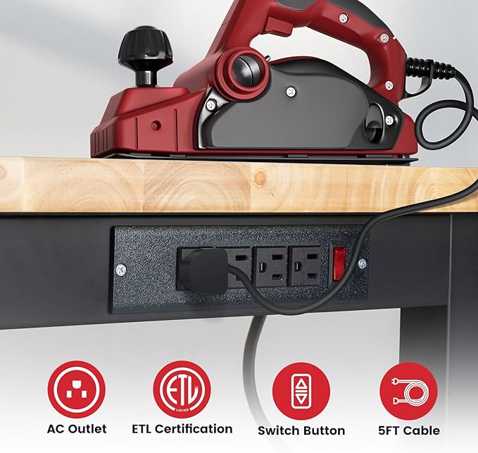 Work Table for Garage 60 Inch Workbench with Storage Adjustable Height Rubber Wood Tabletop Work Bench with Power Outlets Pegboard Pad for Cutting Wood Shop Woodworking Home Office