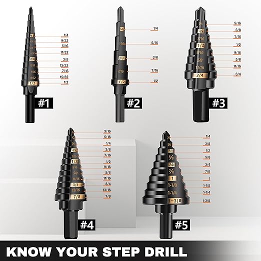 KSEIBI 598240 Industrial Grade Unibit 5-Pieces Step Drill Bits Set 3-Flat Shank, High-Speed Steel Metal Drill Bits Kit Black Oxide M2 for Drilling Stainless Steel, Aluminium, Wood