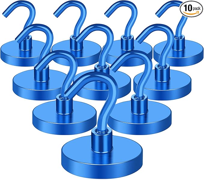 MIKEDE Strong Magnetic Hooks, 110Lbs Heavy Duty Magnetic Hooks for Cruise, Neodymium Earth Magnets with Hooks for Hanging, Super Metal Industrial Magnets for Grill, Storage (Blue,10 Pack)