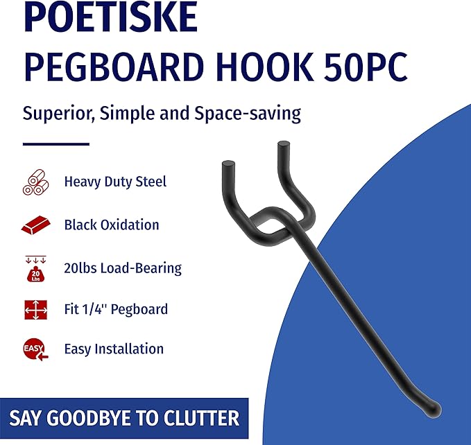 POETISKE Pegboard Hooks 0.2” Diameter 10 inch Black Metal Ball Ending Garden Tool Organizer Fits 1/4’’ Pegboard Garage Wall Hooks 50PCS