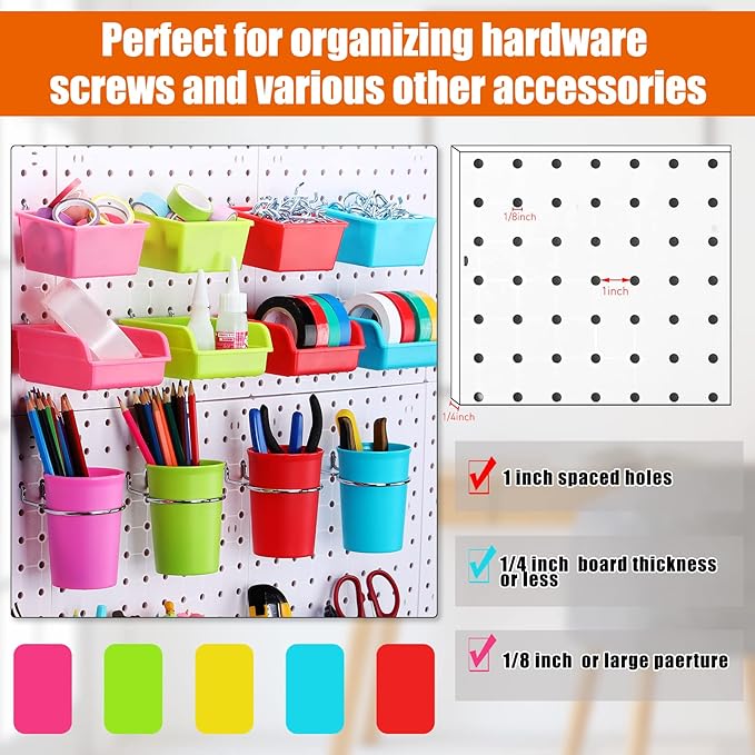64 Pieces Pegboard Bins Pegboard Cups with Hooks and Loops Peg Hooks Assortment Organizer Accessory for Organizing Accessories Tools Storage Office Workshop Garage Workbench (Colorful)