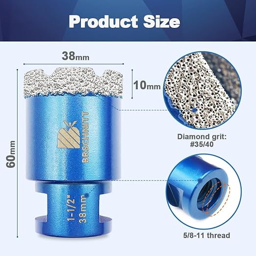 1-1/2 Inch Diamond Core Drill Bit for Porcelain Tile Ceramic Marble Granite Drilling,BRSCHNITT 2pcs Vacuum Brazed Diamond Hole Saw with 5/8-11 Thread (38mm 2pcs)
