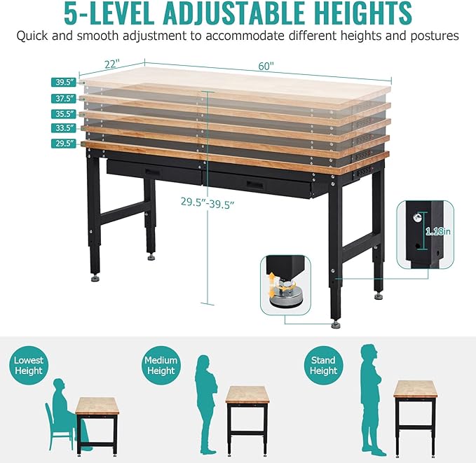 60 Inches Workbench, Rubber Wood Tabletop Work Table with 2 Drawers & Pegboard, 3000 LBS Heavy Duty Adjustable Height Work Bench with Power Outlets for Workshop, Office, Garage