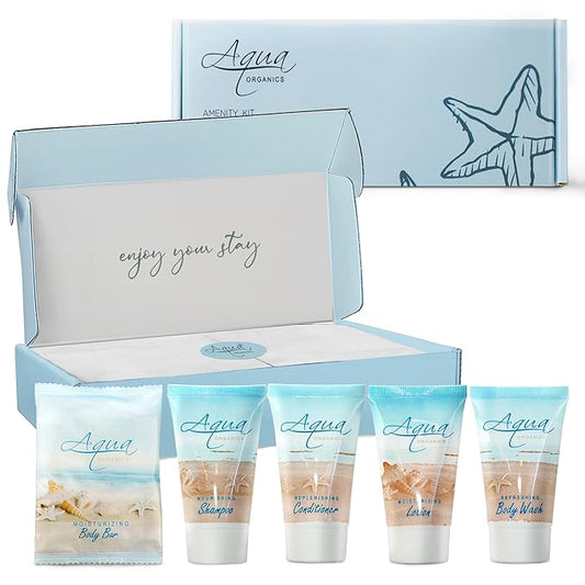 1-Shoppe All-In-Kit|Aqua Organics Amenity Kit|Boxed Hotel Toiletries|Bulk Set 1oz Travel Size Shampoo,Conditioner,Lotion,Body Wash & Bar Soap for Guest Hospitality AirBnB/Vacation Rentals|5 Pieces-VeraVaultWomen