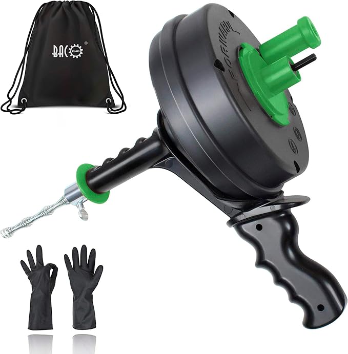 BACOENG 25Ft Drain Auger, Heavy Duty Plumbing Snake with Drill Adapter, Use Manually or Powered for Drain Clog, Shower Sink, Comes with Gloves and Bag (Green)