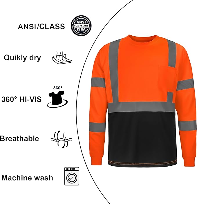 High Visibility Class 3 T Shirts，Hi Vis Safety Shirts with Reflective Strips and Pocket, Long Sleeve Quick Dry Mesh Construction Work Shirt for Men/Women Black Bottom Orange,4XL