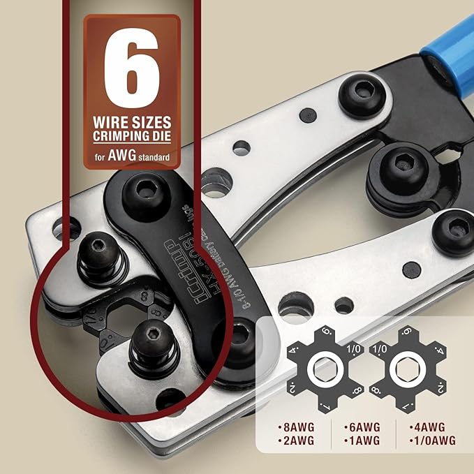 iCrimp Battery Cable Lug Crimping Tool Kit For Copper Lugs Awg 8-1/0,Battery Cable Crimper with Stripper 24pcs Copper Battery Lugs and 10pcs Heat Shrink Tubes, Include Wire Cutter