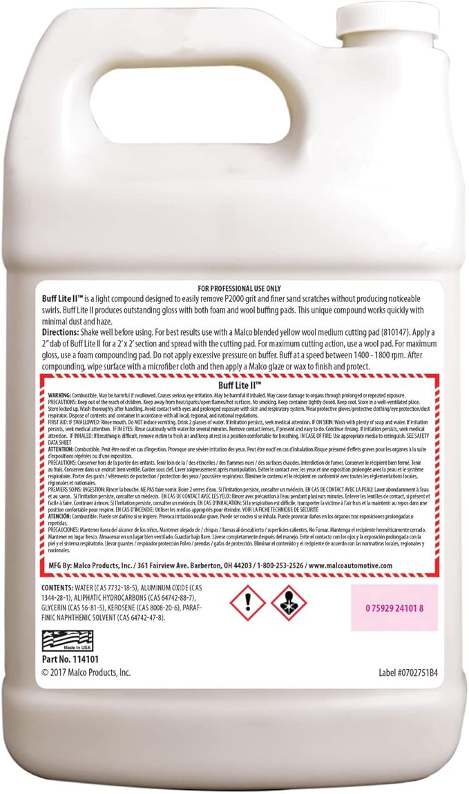 Malco Buff Lite II Finishing Crème – One-Step Professional Cutting, Polishing and Finishing Compound/Removes Brush Marks, Car Wash Scratches, and Snow Brush Scratches / 1 Gallon (114101)