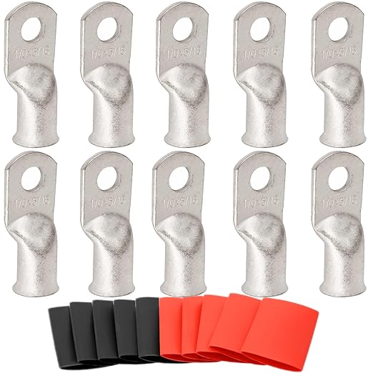 0 Gauge Tinned Copper Lugs 10 PCS 1/0 AWG - 5/16'' Cable Lugs Wire Lugs UL Listed 0 AWG Wire Lugs Battery Cable Ends 10 PCS Heavy Duty Closed End Crimp Copper Lugs with 10 PCS 3:1 Heat Shrink Tubing