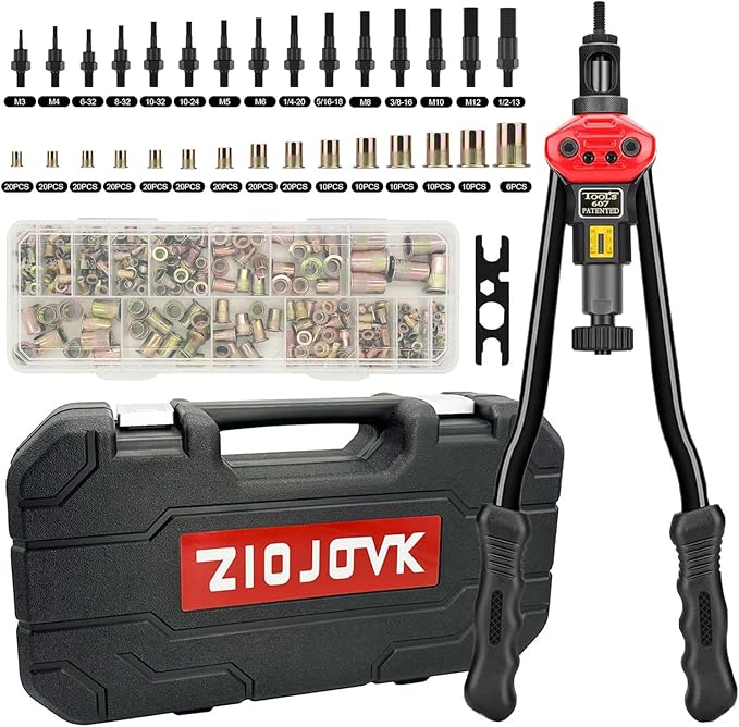 16-Inch Rivet Nut Tool Rivet Nut Kit, with15 Metric and SAE Mandrels, 236Pcs Assorted Rivet Nuts, and Rugged Carrying Case