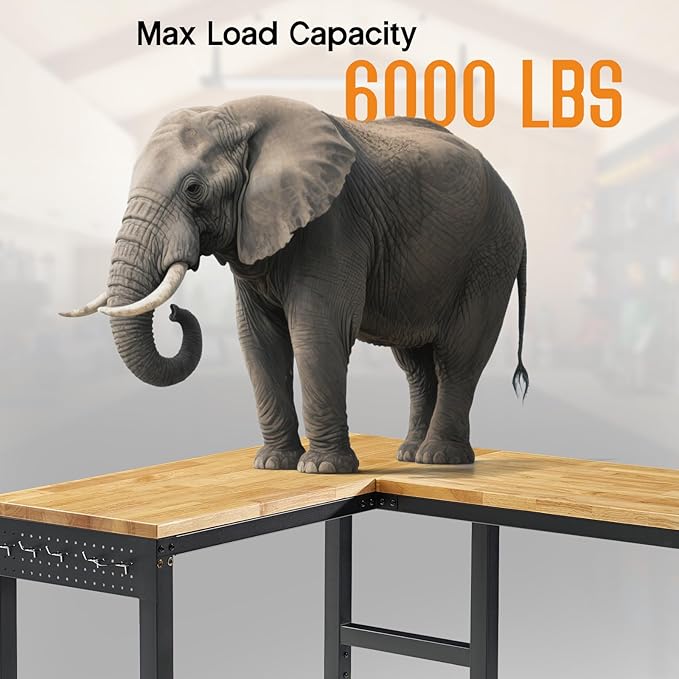 SPECRAFT 56"x48" L-Shaped Workbench with Power Strip, Adjustable Height Heavy Duty Work Table with Pegboard, 6000LBS Load Capacity, Industrial Wood Top Workstation for Garage, Workshop, Home Office