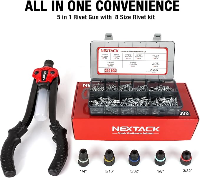 1/4 Rivet Gun w/ 350pc Assorted Rivets, Pop Rivet Gun Kit w/ 5pc Nosepieces, Two-Handed Heavy Duty Riveter Tool Setter with Shaft Container for Van, Gutter & Automotive(NT300)