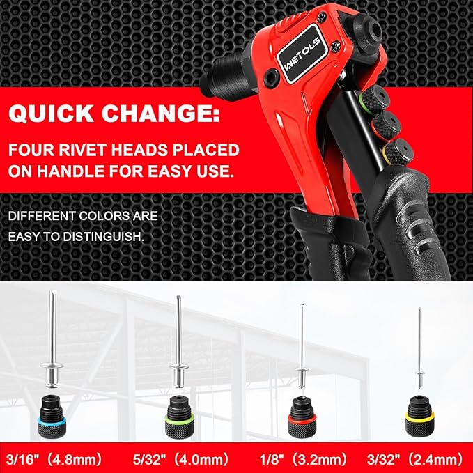 WETOLS Pop Rivet Gun Kit with 200 Blind Rivets, Upgraded Manual Single Hand Riveter with 4 Tool-Free Interchangeable Rivet Heads and 4 Drill Bits, Pop Rivet Tool Kit with Sturdy BMC Carrying Case