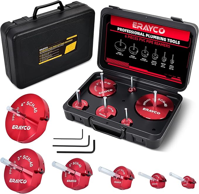 ERAYCO 6PCS PVC Pipe Reamer Kit, Plastic Pipe Fitting Reamer Tool, Fit into Standard 1/2" Drills, PVC Fitting Saver for SCH40 PVC CPVC ABS Pipe (3/4'', 1'', 1-1/2'', 2'', 3'', 4'')