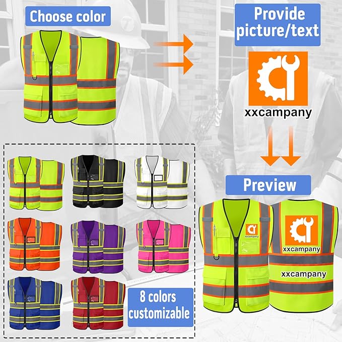 Custom Safety Vest Logo High Visibility Work Vests for Men Customize Hi Vis Reflective Construction Workwear