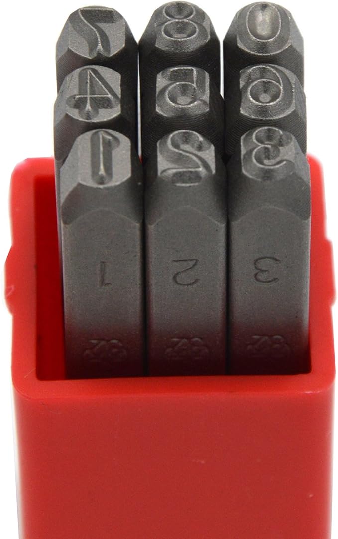 9pcs Heavy Duty Steel Stamp Uppercase Reverse Number 5/32 4mm Hand Stamping Character Mark Code Alphabet Punch Kit for Bracelet Ring Jewelry Sheet Metal Plate Making Mold Die